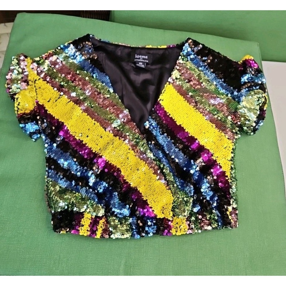 ANTHROPOLOGIE Rdalamal Sequin Surplice Blouse Crop Multicolor RUFFLED SLEEVE XXS